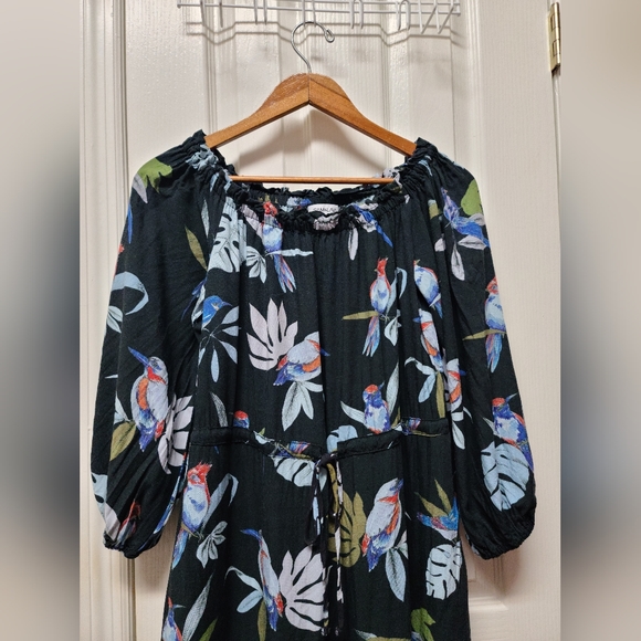 ANTHROPOLOGIE SAM & LAVI OFF THE SHOULDER BIRDS OF PARADISE CARDINALS DRESS XS - Picture 4 of 15
